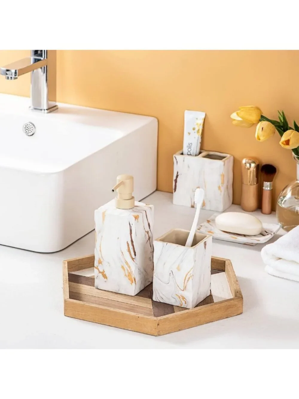 Elegant Marble Bathroom Accessories Set - 4-Piece Ceramic Decor with Gold